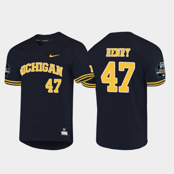 University of Michigan #47 For Men's Tommy Henry Jersey Navy University 2019 NCAA Baseball College World Series